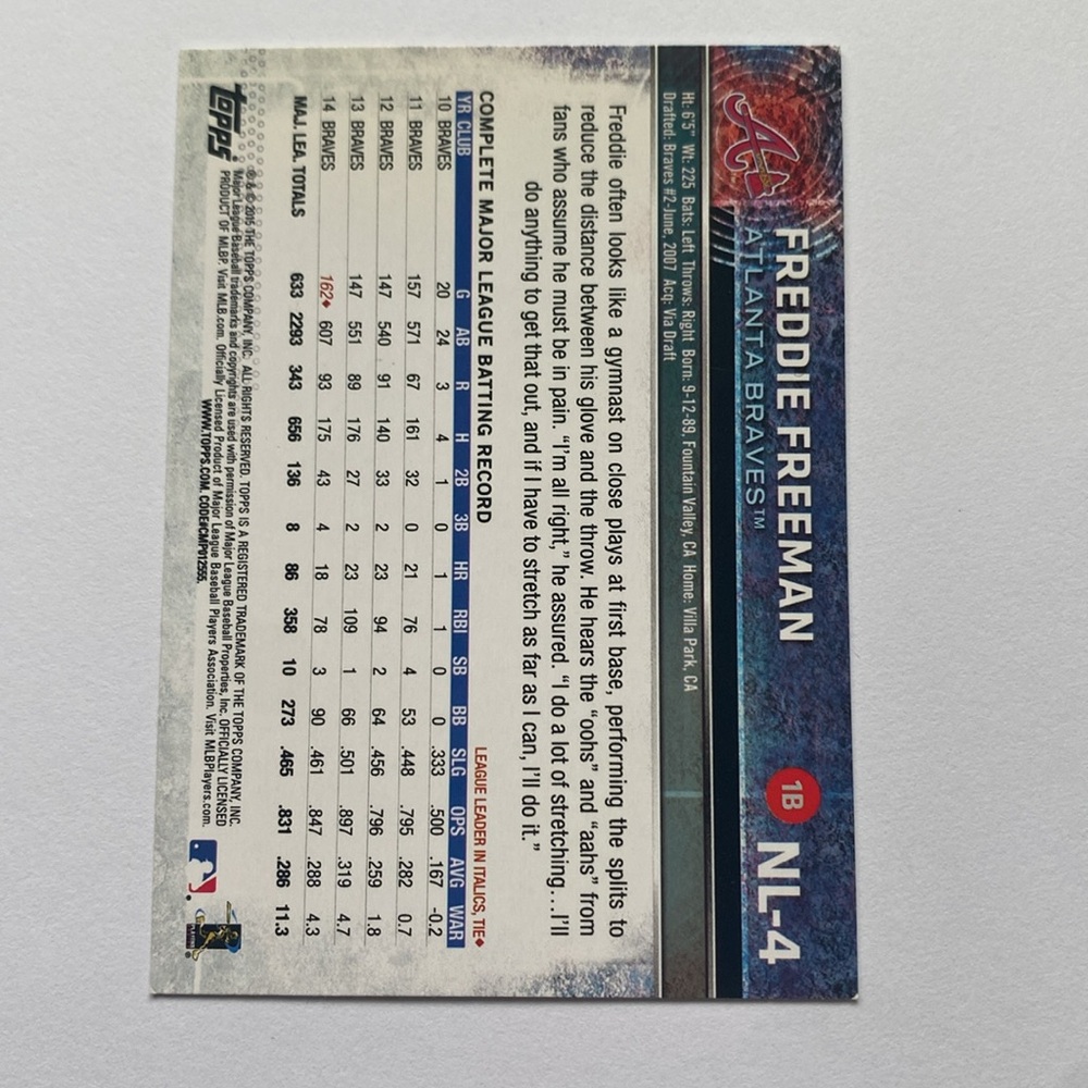 2015 Topps Freddie Freeman Baseball Card #73 and NL-4 - Picture 4 of 4